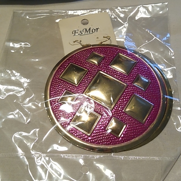 Gold + Fuchsia Large Round Earrings, 4" - Picture 6 of 8